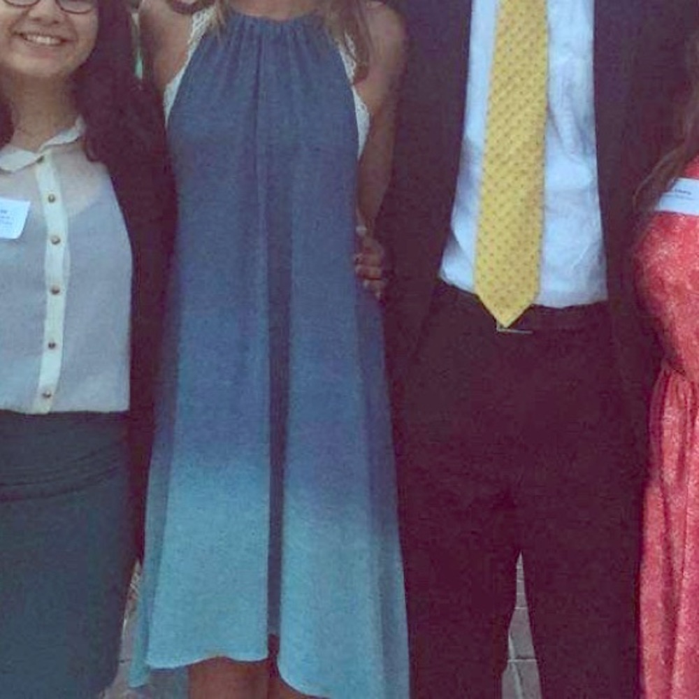 Long, flowing low-back ombre blue sun dress